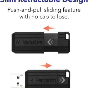 Verbatim 128GB Pinstripe USB 2.0 Flash Drive Retractable Thumb Drive – Black