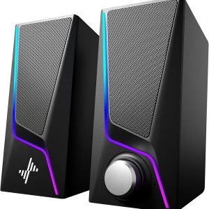 Computer Speakers, PC Speakers with 6 Lighting Modes, USB Powered Computer Speakers for Desktop Monitor with 2 Bass-Boost Ports, 2 Speaker Units, and 3.5mm Aux-in Cable for PC, Laptop, Tablet, Phone